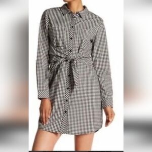 Sanctuary Tali Gingham Tie Front Shirt Dress in black and white (XS)